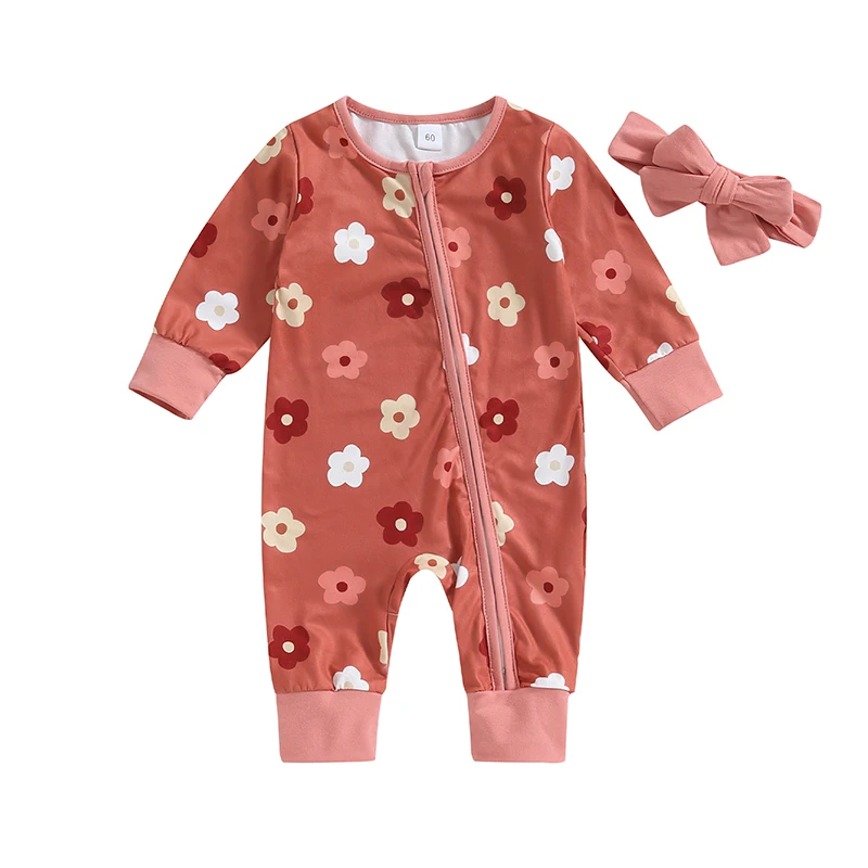 

Newborn Baby Girl Clothes Floral Print Long Sleeve Romper Zipper Jumpsuit Bodysuit with Headband Cute Fall Outfit