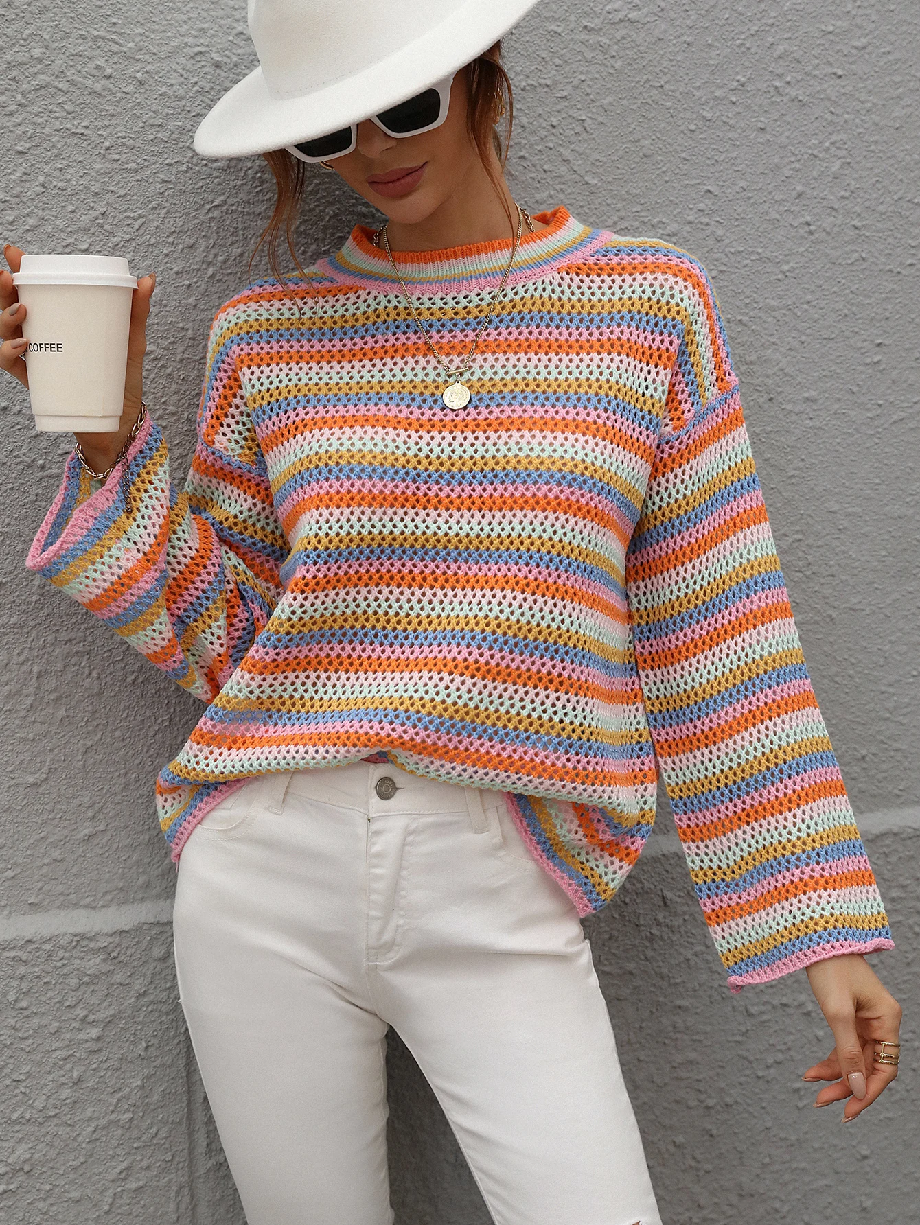 

Multi Striped Crochet Knit Sweater Women's Relaxed Fit Pullover Casual Flare Sleeve Hollow Out