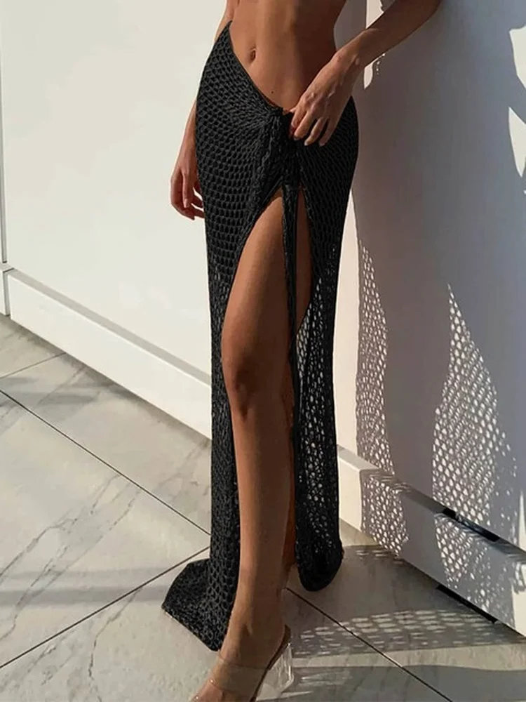 

Women Maxi Skirts 2022 New Knitted Beach Wrap Summer High Waist Net Sarong Cover up for Swimwear Black Sexy Long Bodycon Skirt