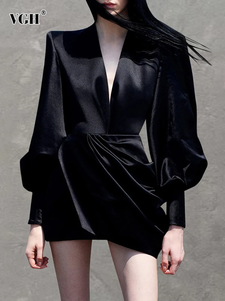 

VGH Eleagnt Dresses For Women V Neck Lantern Sleeve High Waist Folds Mini Temperament Dres Female Autumn Clothing Fashion Style