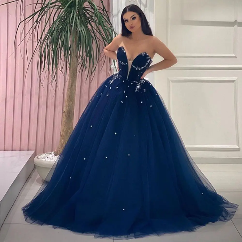 

2022 темно-синие платья для Quinceanera, сексуальные платья с бисером для сердечек, платья на шнуровке сзади, фатиновые вечерние платья для невесты,...
