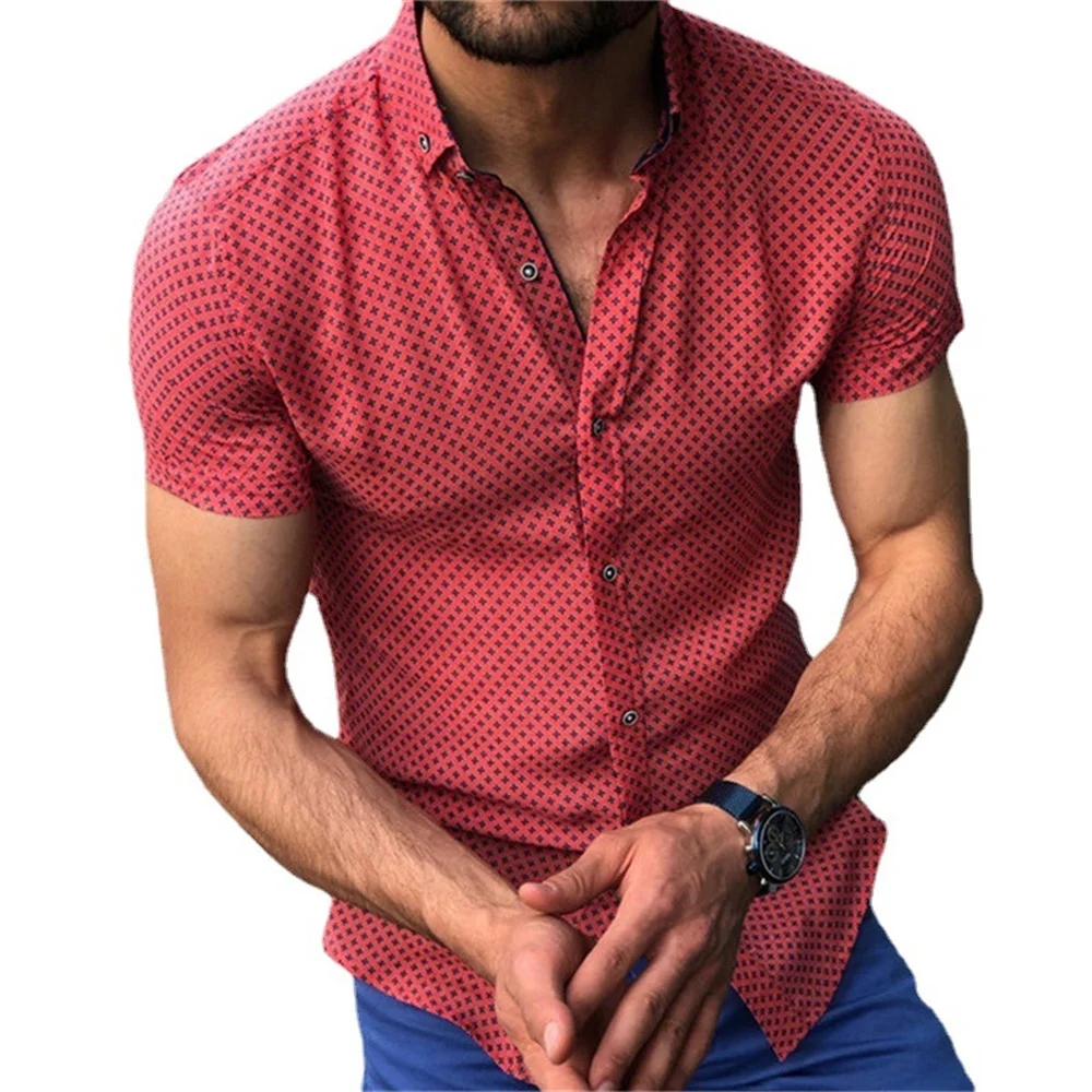 

New Fashion Summer Men Short Sleeve Shirts Casual Turn Down Neck Shirts Tops Polka Dot Printed Handsome Blouse Red Shirt