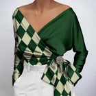 Блузка VONDA Женская с длинным рукавом, пикантный винтажный топ в клетку с поясом, вечерняя рубашка в вечерние ле оверсайз, весна-осень