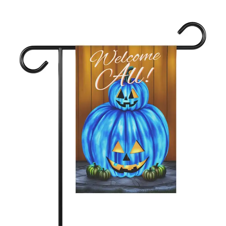 Добро пожаловать! Уличный подвесной Садовый флаг, двустороннее украшение с голубыми тыквами 12 х18 дюймов, инкрустированное украшение на Хэллоуин