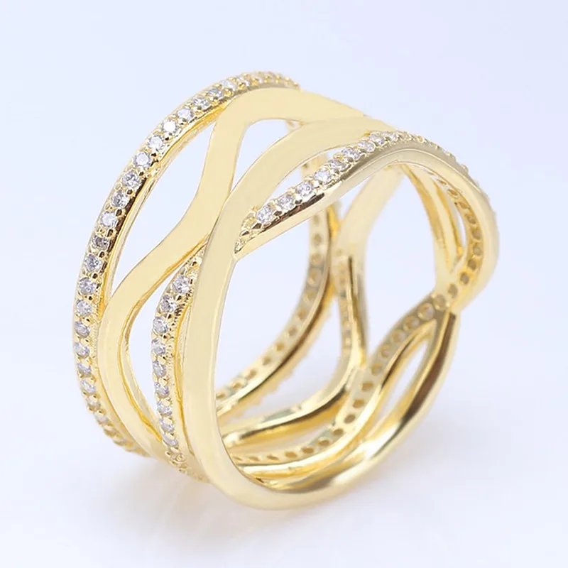 

Authentic 925 Sterling Silver Golden Swirling Lines With Crystal Ring For Women Wedding Party Europe Fashion Jewelry