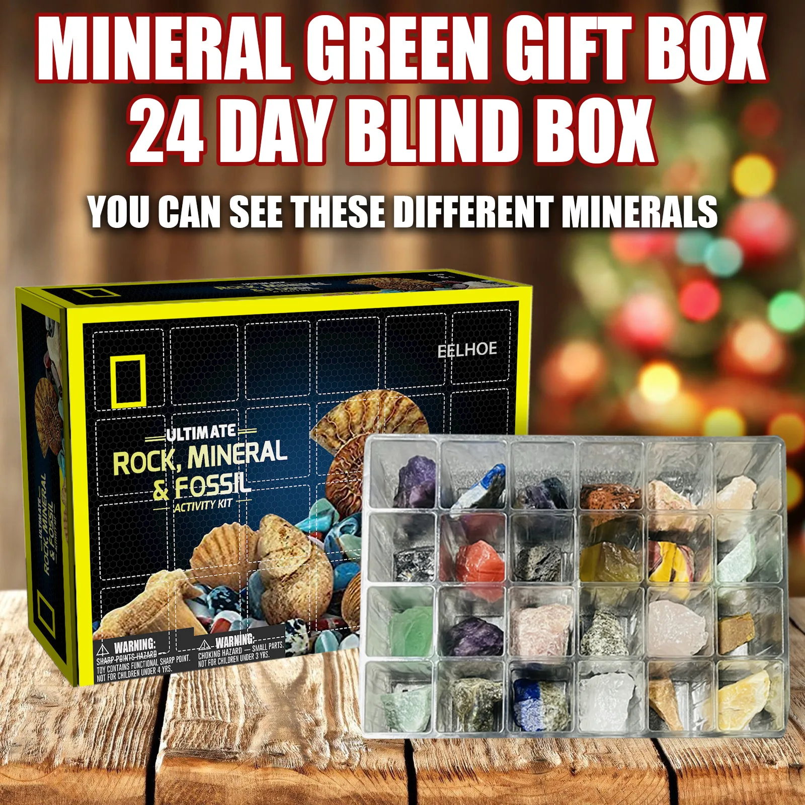 

Christmas Minerals Advent Calendar Box Natural Stone Pack Rock Samples Collection Gift for Kids Geology Lover Perpetual Calendar