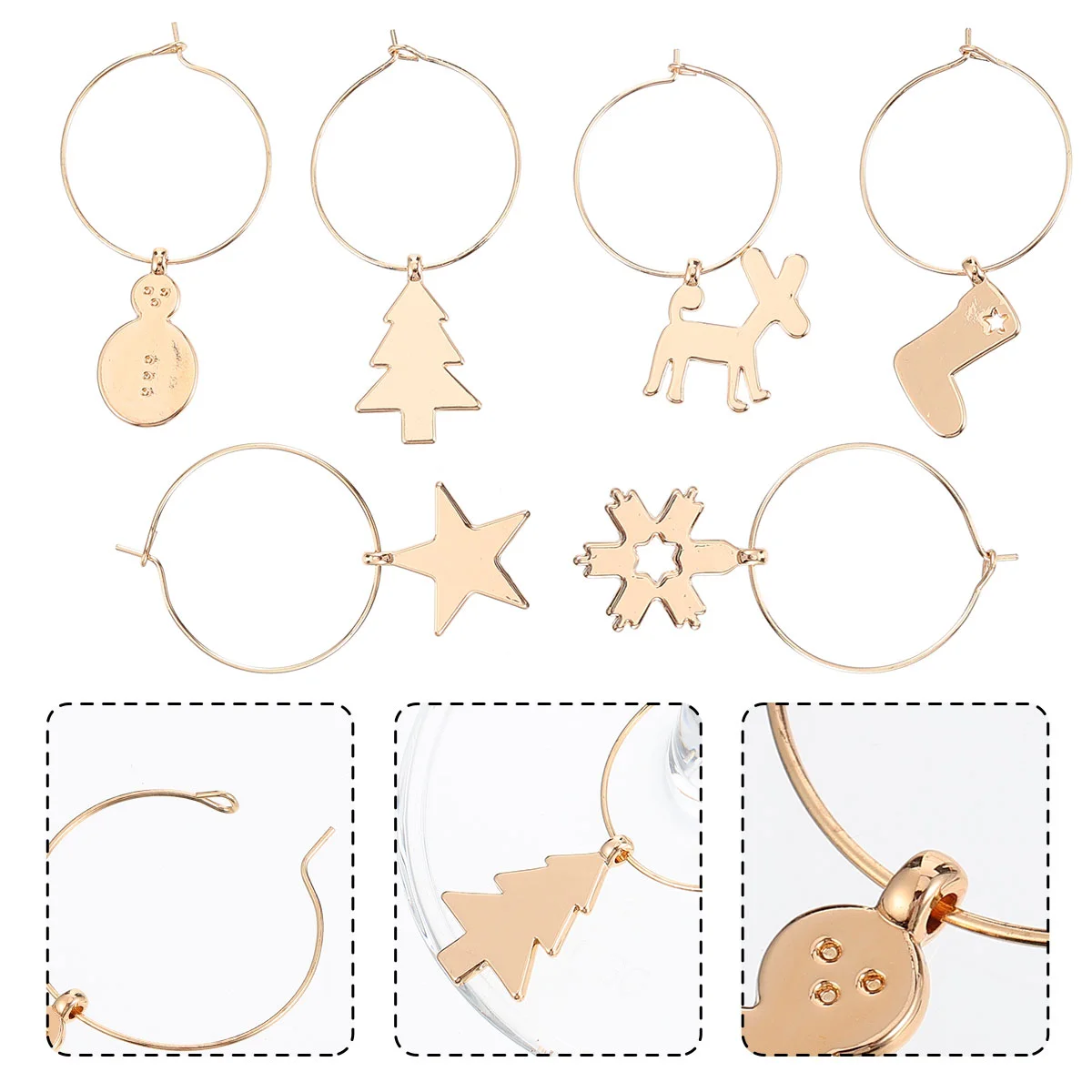 

6 Christmas Glass Charms Christmas Glass Markers Santa Reindeer Glass Tags Glass Rings Identifiers Favors for Christmas Party