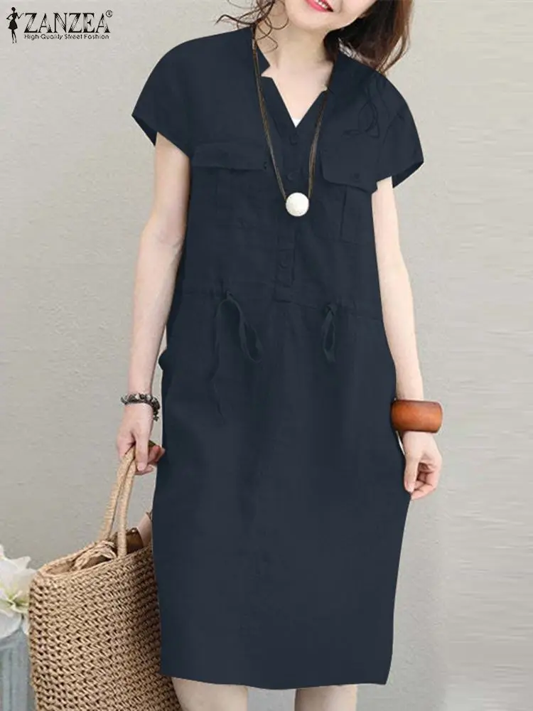 

Stylish Solid Drawstring Dresses Elegant Work OL Sundress Summer Dress For Women 2022 Oversized Kaftan Causal Loose Robe Vestido