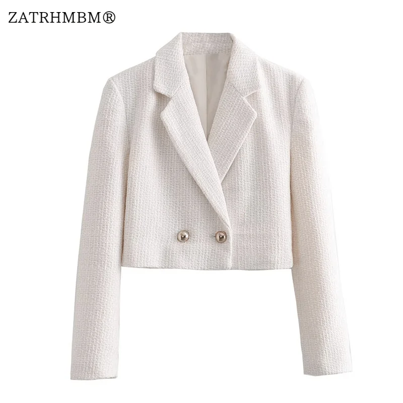 

ZATRHMBM Women 2023 Autumn Fashion Double Breasted Textured Cropped Blazer Vintage Long Sleeve Female Outerwear Chic Tops