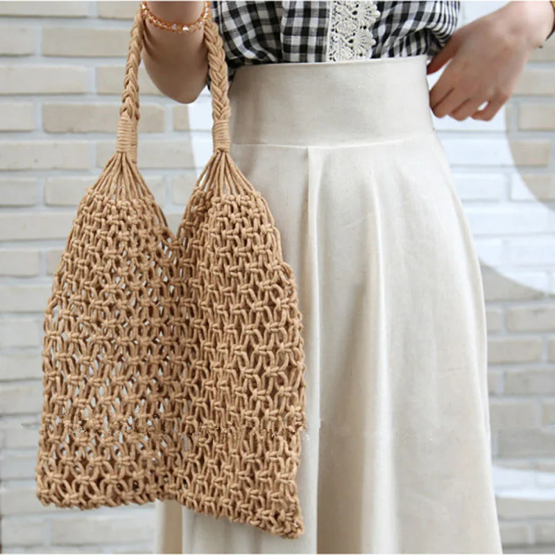 

New Hollow Out Shoulder Bags Fashion Cotton Rope Fishing Net Bag Women's Knitting Handbag Summer Beach Totes bags for women