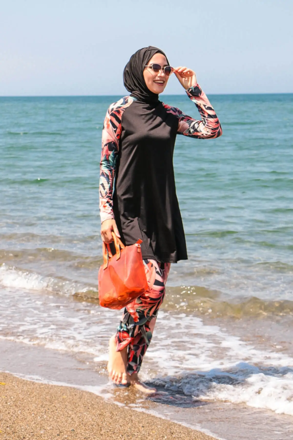 Flower Patterned Design Lycra Full Off Hijab Swimwear 1945 Beach Clothing