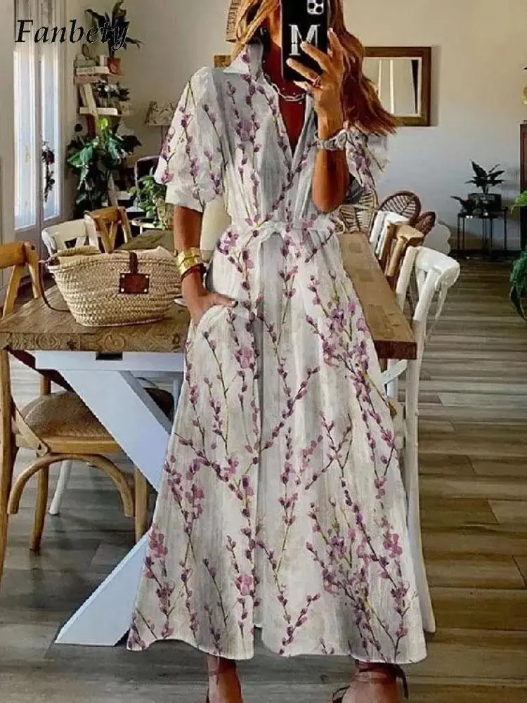 

Платье-рубашка женское на пуговицах, элегантное модное повседневное длинное с коротким рукавом и принтом, с пышными рукавами, весна-лето