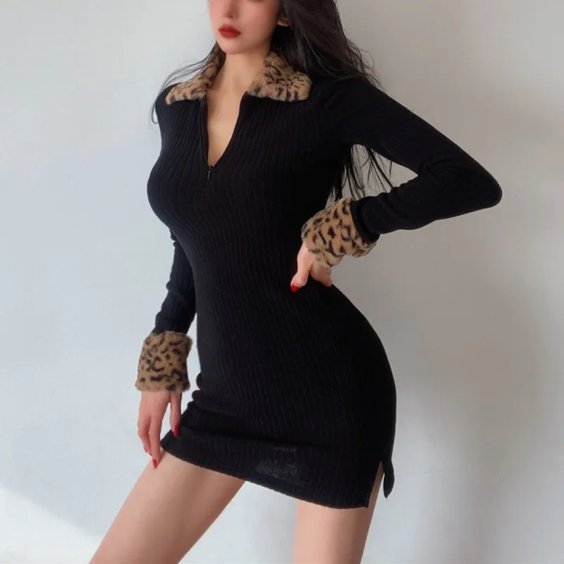 

WOMENGAGA 2022 New Elegant Leopard Stitching Waist Closing Slim Sexy Lapel Zipper Long Sleeve Mini Hairy Dress Black Korean V7OI