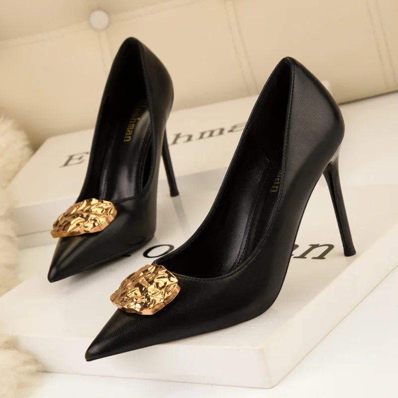 

Ladies High Heels Sandals PU Solid Color Round Pumps Thick Women Shoes