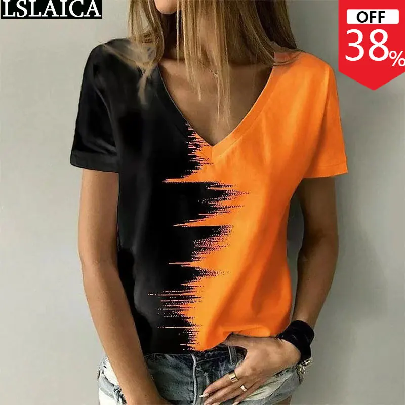 

Повседневные футболки, модные топы для женщин, летние женские футболки с коротким рукавом и v-образным вырезом Y2k, уличная одежда Harajuku, свобо...