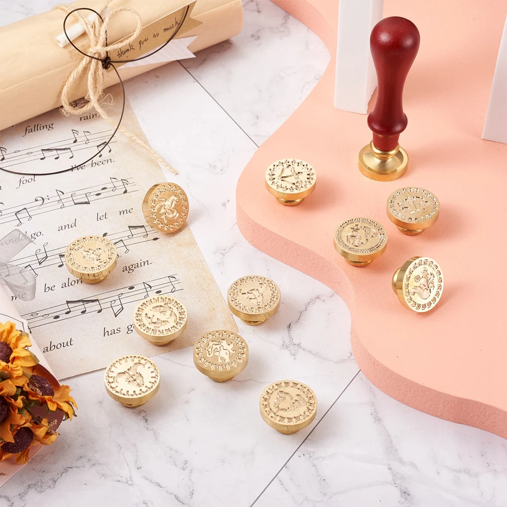 12pcs/set Brass Wax Stamp Head 12 constellations With Replaceable Wooden Handle For Birthday Wedding Stamp Crafts Seal Decors