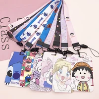1pc anime cartoon girls students gift bus pass id card protector with lanyard keychain hanger weave rope round badges key holder