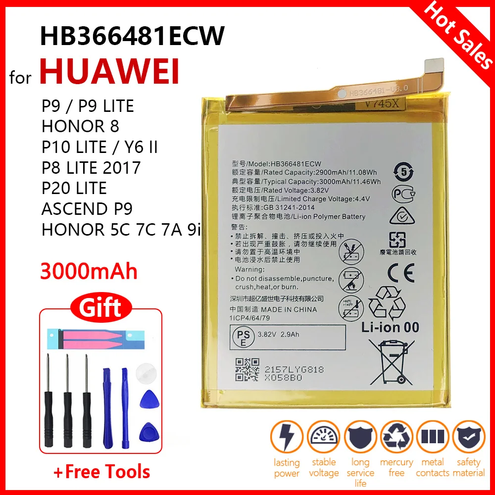 

Orginal HB366481ECW Phone Battery For Huawei P9/P9 lite Honor 8 5C 7c 7a 9i P10 Lite Y6 II P8 lite 2017 P20 lite Ascend P9