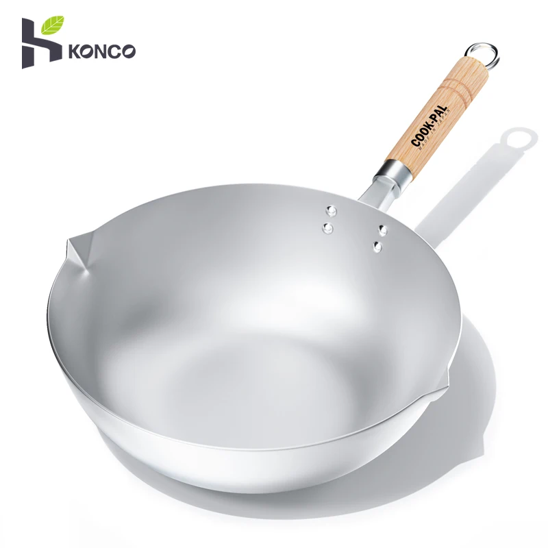 

99.7%Pure Titanium Wok 30/33/36cm Titanium Frying Pan Uncoated Non Stick Skillet Pan with Wood Handle for Gas and Induction