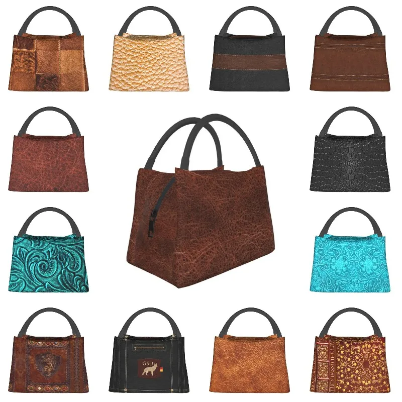 

Дизайнерская изолированная сумка для обеда из коричневой кожи для улицы, пикника, винтажная текстура, узор, герметичный охладитель, термальный Ланч-бокс для женщин