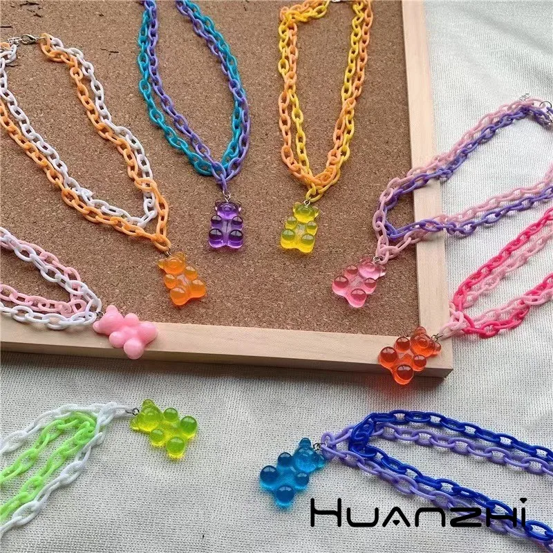 

HUANZHI Colourful Fashion Sweet Acrylic Bear Double Layer Pendant Necklace Summer Holiday Travel Jewellery for Women Girls New