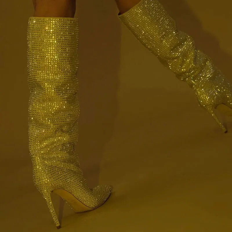 2023 Fashion Show Full of Stars High Heel Crystal Pointed Over the Knee Boots Cross Border Foreign Trade Plus Size Women's Shoes