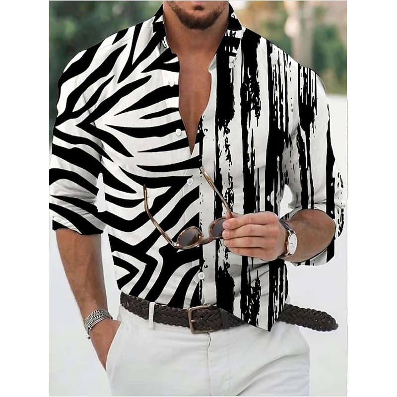 

Autumn Fashion High Quality Men Shirts Oversized Casual Shirt Zebra Stripe Print Long Sleeve Tops Mens Clothes Club Cardigan
