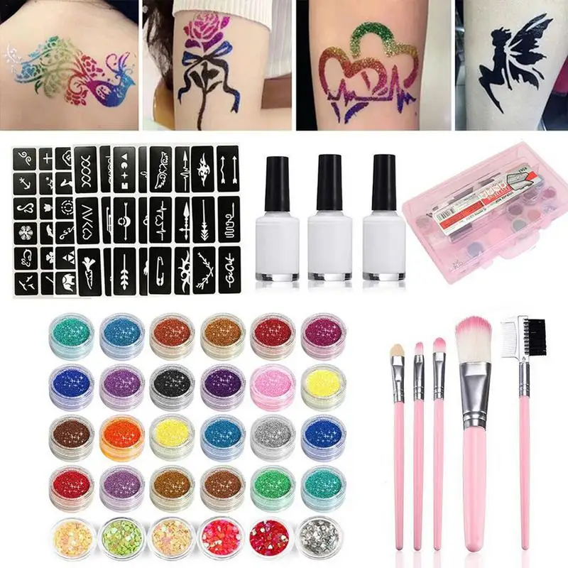 

30 Colors Diamond Flash Glitter Powder Template Tattoo Set 60 Flash Template Set For Adult Kids Face Body Art Painting Makeup