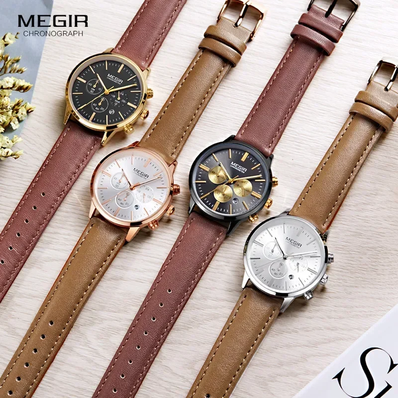 Megir хронограф индикатор даты коричневый кожаный ремешок кварцевые наручные часы