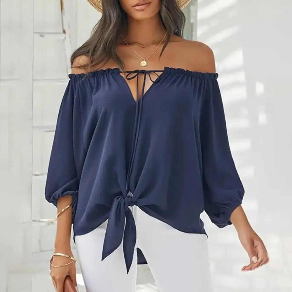 

Trendy Long Sleeve Off Shoulder Women Blouse Polyester Fiber Elegant Bow Tie Lady Top Loose Fit Quick Drying Lady Top For Dating