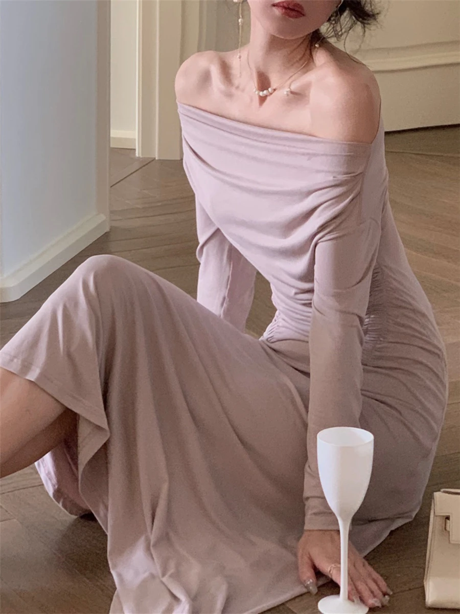 

Dress Women Elegant Sexy Autumn French New Fashion Evening Party Lady Vestido Off Shoulder Bodycon Midi Dresses Knitting Clothes