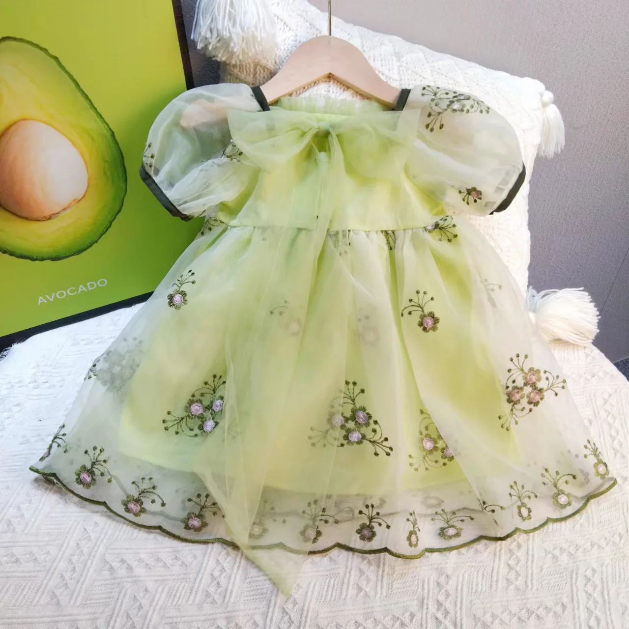 

Summer Baby Girl Casual Dress Kids Toddler Puff Sleeve Embroidered Mesh Clothes Girls Cute Princess Dresses