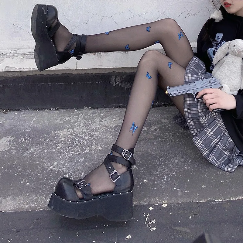 Сексуальные модные женские колготки темно-синего цвета с принтом бабочки тонкие