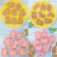 8pcs cartoon rainbow unicorn cookie cutters plastic 3d biscuit mold kitchen baking pastry bakeware tool unicorn party decoration