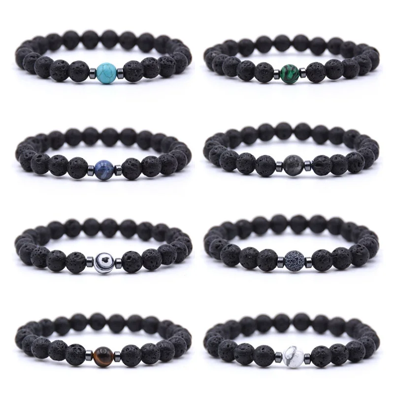 

15pcs 8mm Black Lava Stone Strand Hematite Beads Bracelet for Women Men Buddha Energy Yoga Jewelry