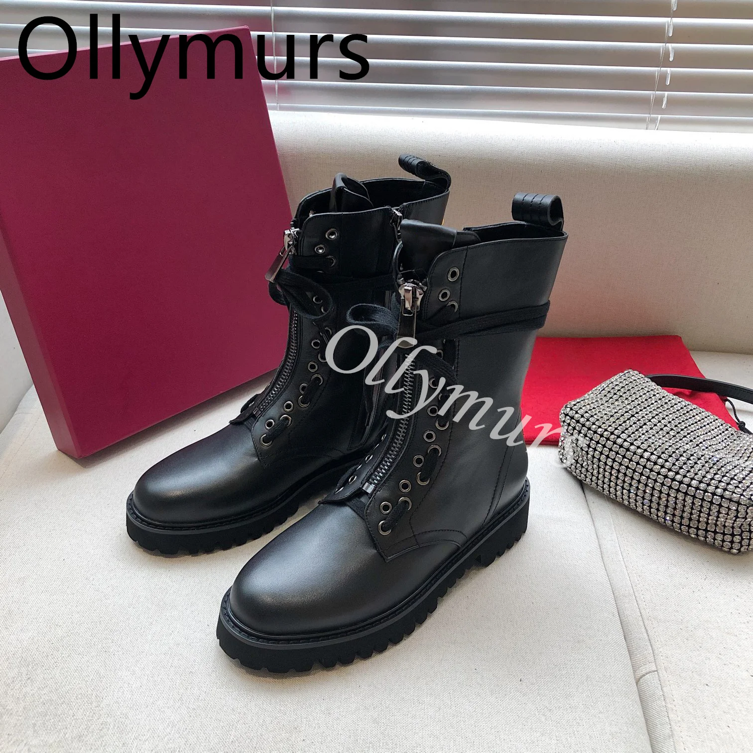 

Shoes Women Genuine Leather Comfortable Ankle Lace Up Boots Heels Runway Ankle Warm Fur Boots Autumn Flats Luxury Designer