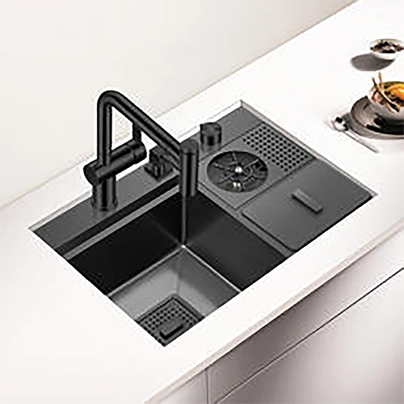 

Kitchen Sink Black Nano Cup Washer Hand-made SUS304 Stainless Steel Rinser Sink With Trash Can Hidden Cover Bar Basin