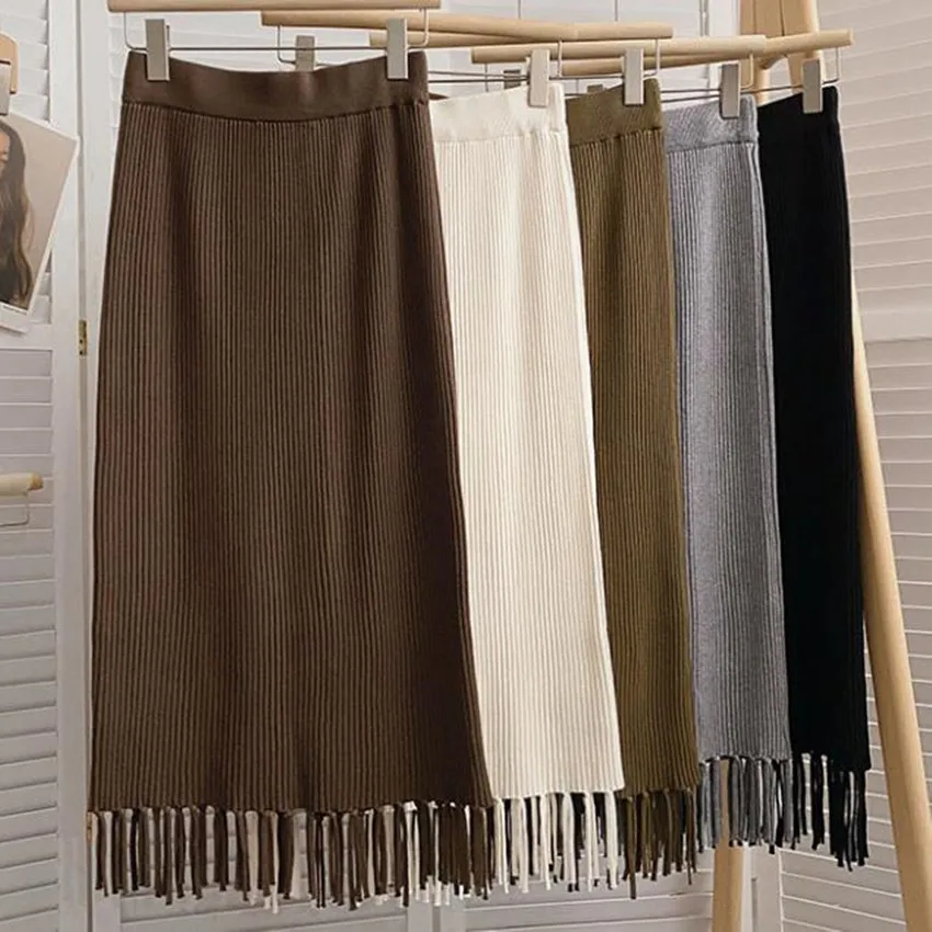 

Tassel Knitted Sweater Skirts Women Autumn Winter Elastic High Waist Package Hip
