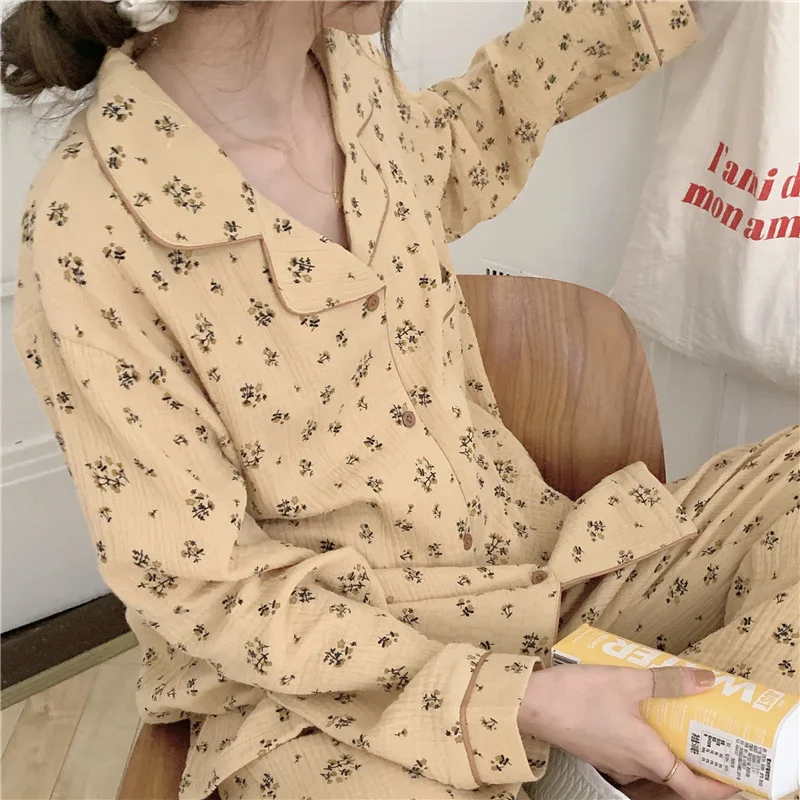 

Домашняя одежда с длинными рукавами и цветочным принтом в пасторальном стиле, осень и зима, Женский мягкий Пижамный костюм из хлопчатобумаж...