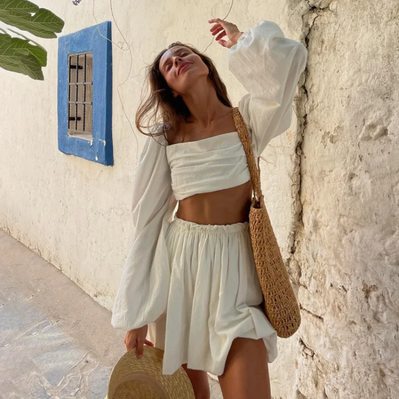 

Cotton Chic Elegant Two Piece Sets Womens Outifits Back Bandage Lace Up Long Sleeve Top+ Skirt Sets Conjuntos De Saias