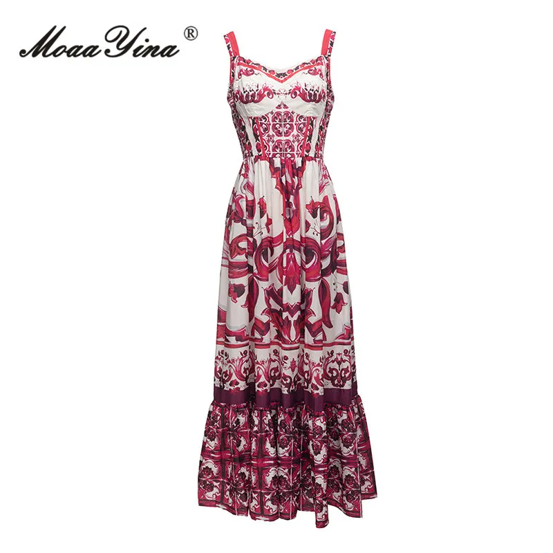 

MoaaYina Summer Fashion Runway Vintage Sling Dress Women's Square Collar Backless High Elastic Waist Ruffles Print Long Dress