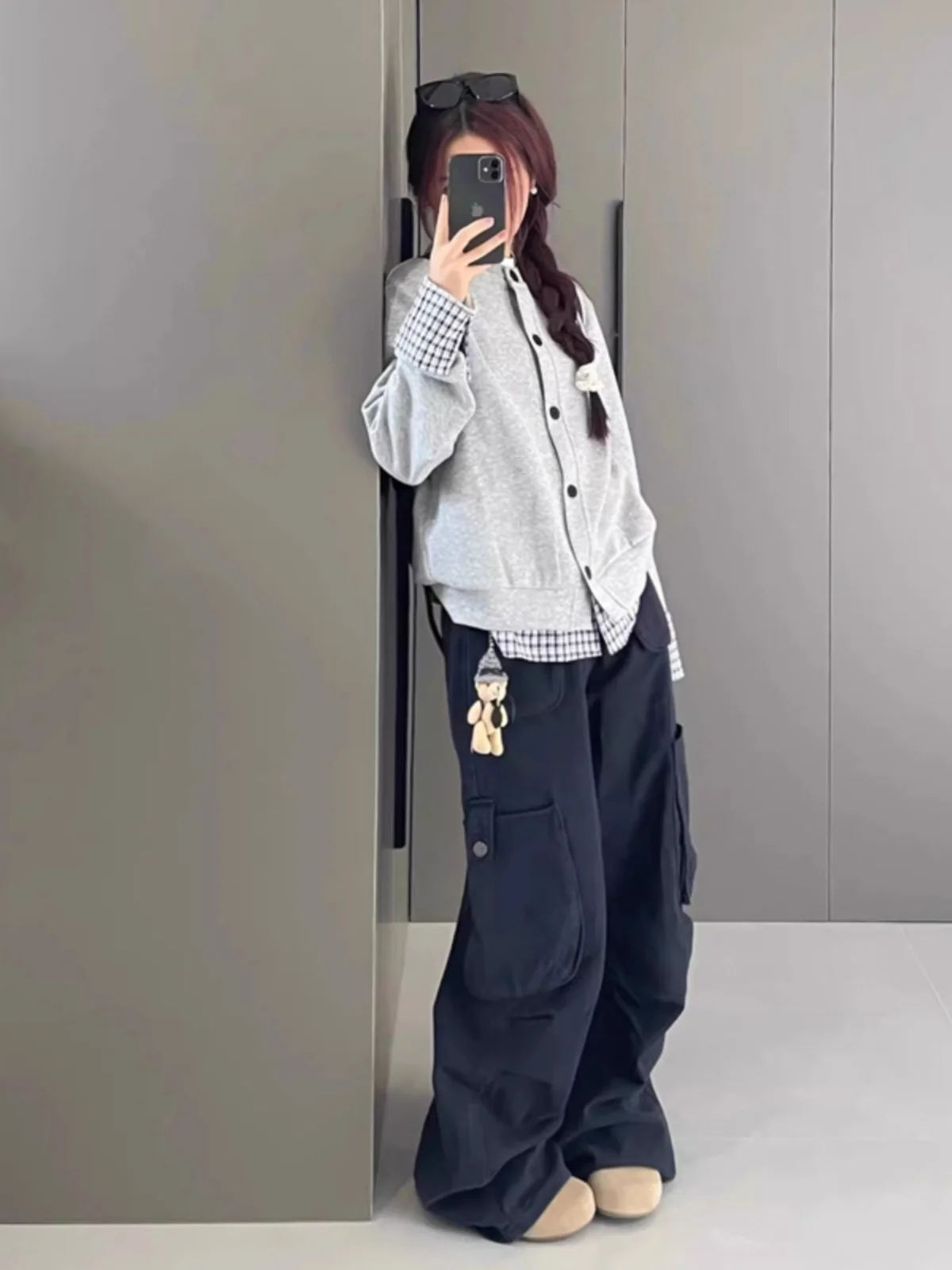 Осень и зима Серый искусственный кардиган из двух предметов с капюшоном Верхняя