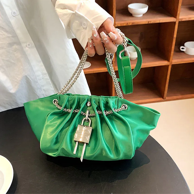 

Роскошные зеленые женские сумки через плечо со складками, женская сумка на плечо с цепочкой, качественный мягкий кошелек для телефона из искусственной кожи, модная женская сумочка с замком