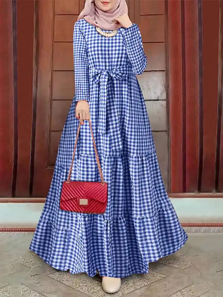 

Spring Maxi Long Sundress Islamic Clothing 2022 ZANZEA Elegant Long Sleeve Muslim Abaya Dress Plaid Checked Ramadan Robe Femme