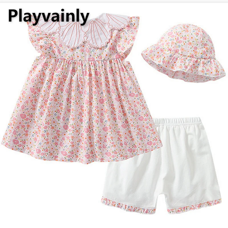 

New Summer Family Matching Sets Pink Floral Short Puff Sleeves Shell Dress+Shorts+Cap Baby Sister Twins Collocation Look E2114
