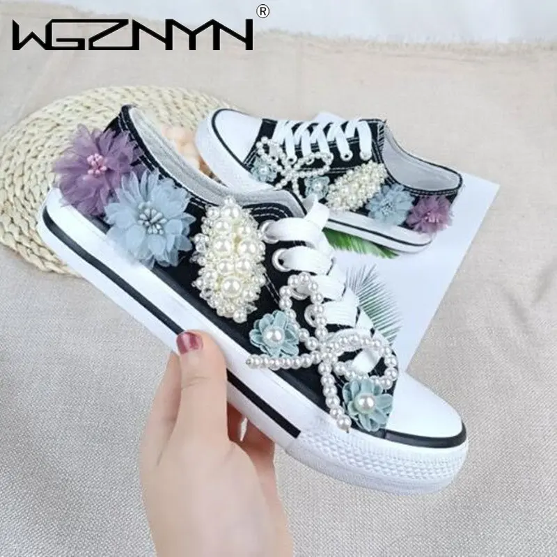 

Женские парусиновые туфли на шнуровке, повседневные парусиновые туфли с цветочным принтом, Украшенные бусинами, на вулканизированной подошве, ручная работа, 2023