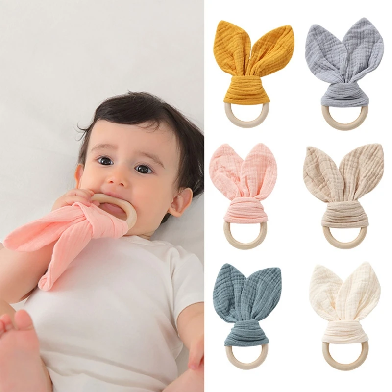 

Cute Baby Wooden Ring Teether Soft Cotton Rabbit Ear Comforting Toy Teething Sensory Shower Gift for Infants Newborn