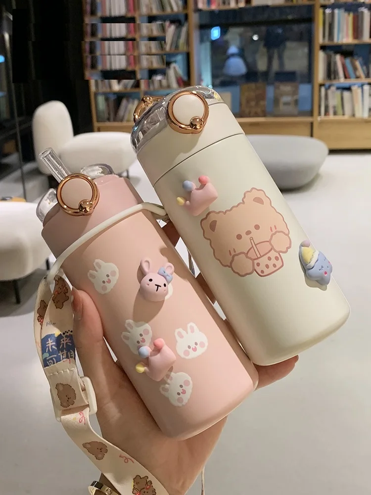 Cute Thermos Water Steel Stainless Tea Travel Insulated Flask Bear Cartoons 350/480ml Milk Cup Straw Bottle Vacuum Coffee