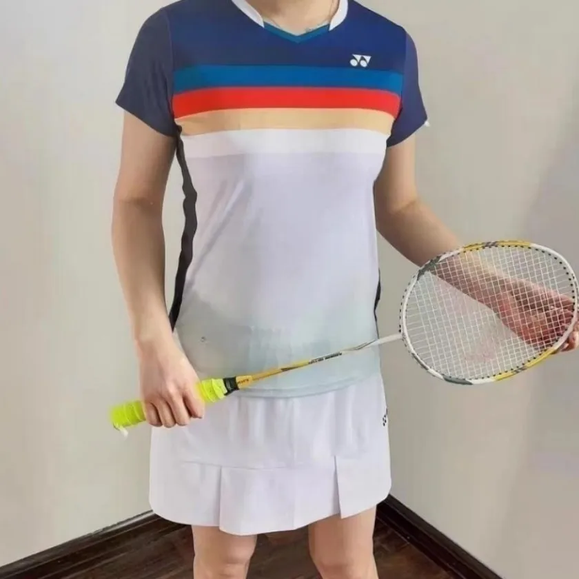YY badminton T-shirt half sleeve rainbow color V-neck men and women outdoor sports tennis quick drying clothes breathable sweat
