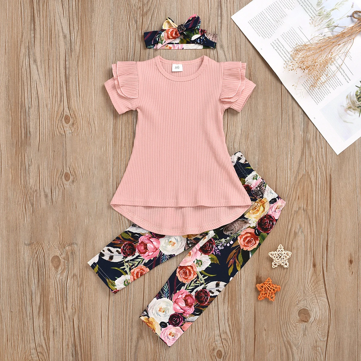 

2022 Fashion Newborn Toddler Baby Girls Clothes Sets Print Short Sleeve Tops Trousers Headband 3pcs Outfit Set